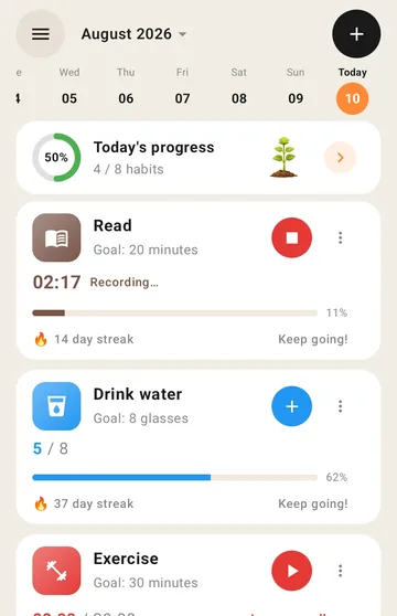 Kaizenly home screen showing today's habits, a running timer and a part-filled water counter