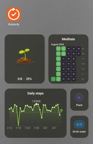 An Android home screen with all four Kaizenly widgets placed on it