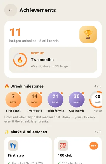 Kaizenly achievements screen with unlocked streak milestone badges