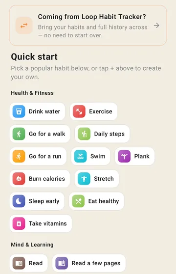 Kaizenly's empty home screen offering quick-start habits and a Loop Habit Tracker import