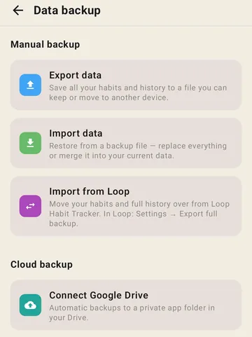 Kaizenly's Data backup settings screen, showing Export data, Import data and the purple Import from Loop row