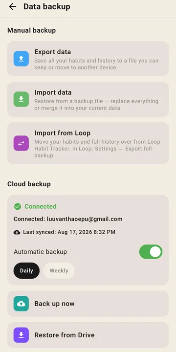 Kaizenly's Data backup screen with Google Drive connected: the account, the last sync time, an automatic backup toggle set to Daily, and buttons to back up now or restore from Drive